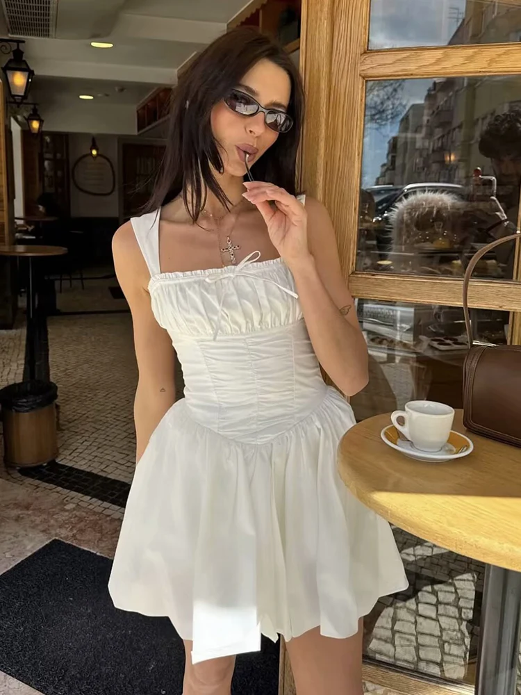 

Bowknot Ruffles White Cotton Summer Women's Dress 2025 Spring Short Party Dress with Shorts Tank Mini Vestidos Beach Holiday