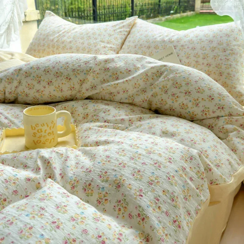 2026 New Floral Printed Wrinkle Cotton Bed Set 4-Piece Cute, Soft and Comfortable Duvet Cover Double Single Bed Sheet for Adults