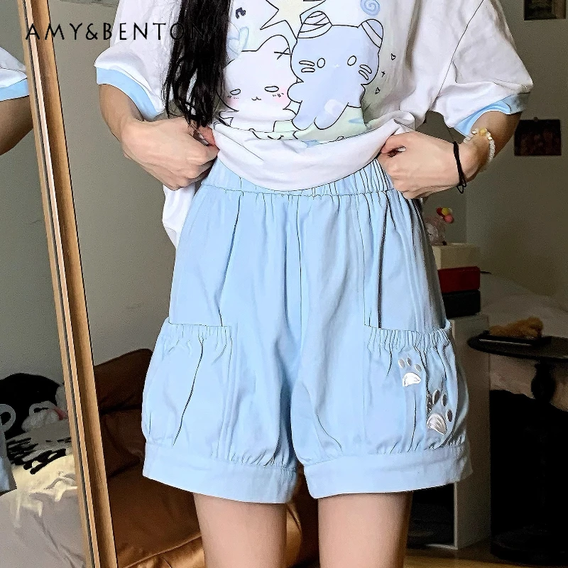 

Japanese Design Embroidered Elastic Waist Women's Shorts 2025 Summer New Large Pocket Casual Versatile Cute Pumpkin Pants Ladies