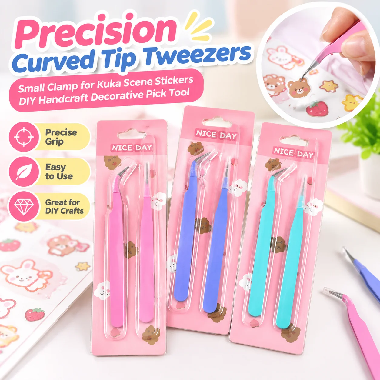 Precision Curved Tip Tweezers Small Clamp for Kuka Scene Stickers DIY Handcraft Decorative Pick Tool