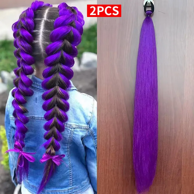 2 pièces fête synthétique violet tressage cheveux longue droite bricolage tressé queue de poney postiche femmes cheveux accessoires pour scène fête