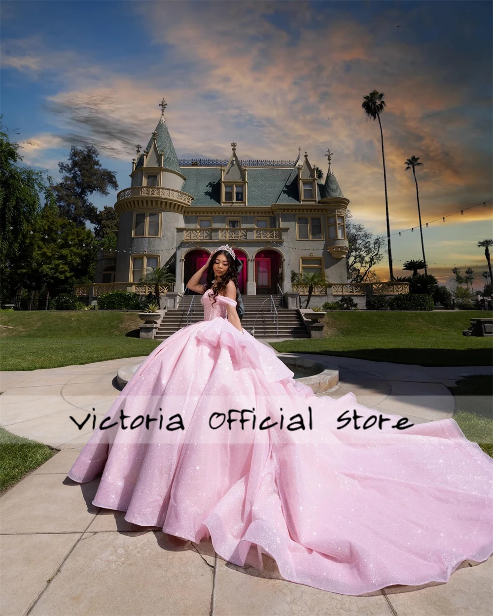 สีชมพูลูกปัดปิดไหล่ Quinceanera ชุด Puffy Ruffel Ball Gown วันเกิดลูกไม้หวาน 15 16 vestido ที่กําหนดเอง