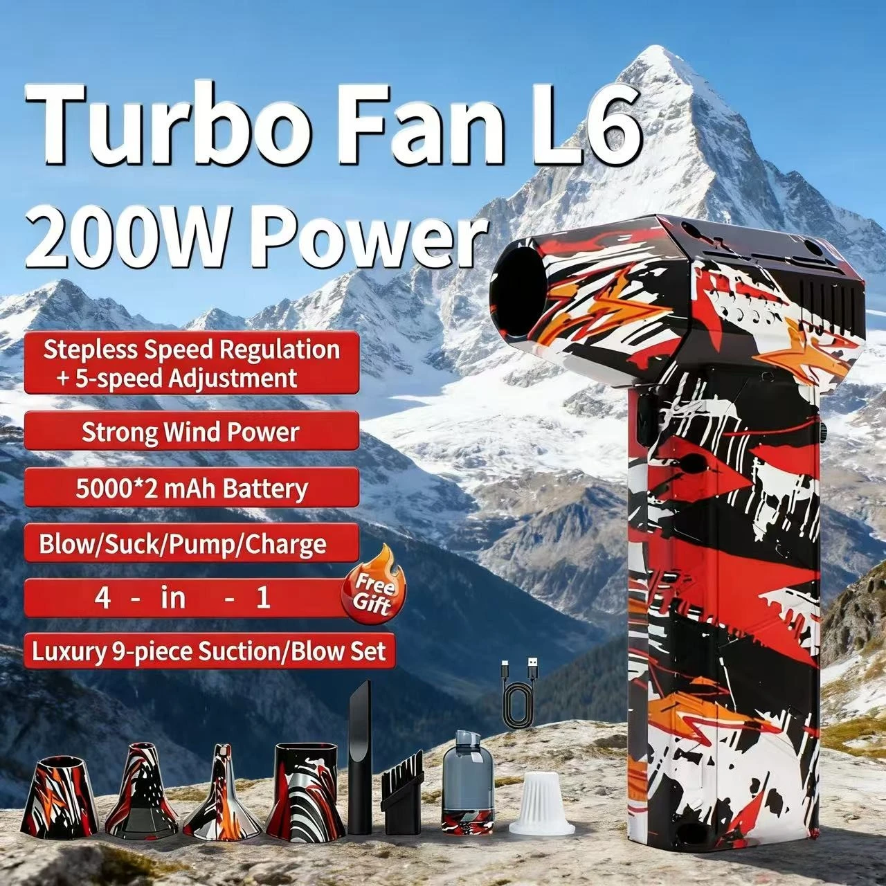 

НОВЫЙ мощный вентилятор L6, мощный фен, пылесос Type-C, перезаряжаемый, сильный ветер, 53 м/с, турбоструйный фен