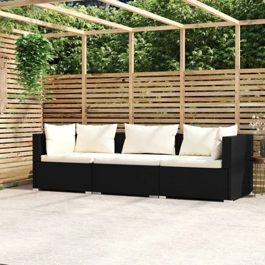 

Wicker Patio Furniture 3 Piece with Cushions Black Poly Rattan