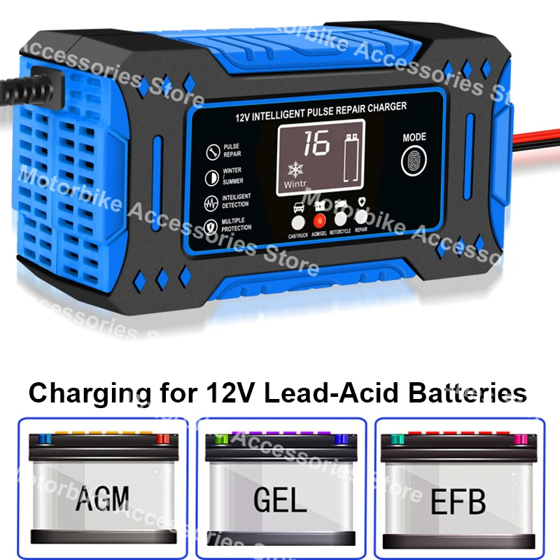 

Car Battery Charger 12V 6A Pulse Repair Smart Fast Charging AGM Deep Cycle GEL Lead-Acid Charger For Auto Motorcycle LCD Display