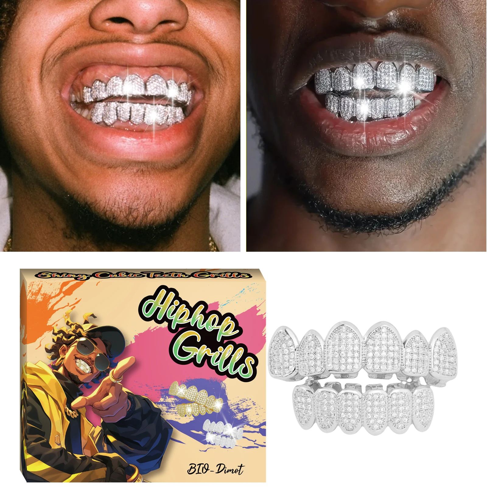 Hiphop dentes grillz conjunto bling zircão cúbico pavimentado superior & inferior grills tampas de dente banhado a ouro removível festa jóias para homens