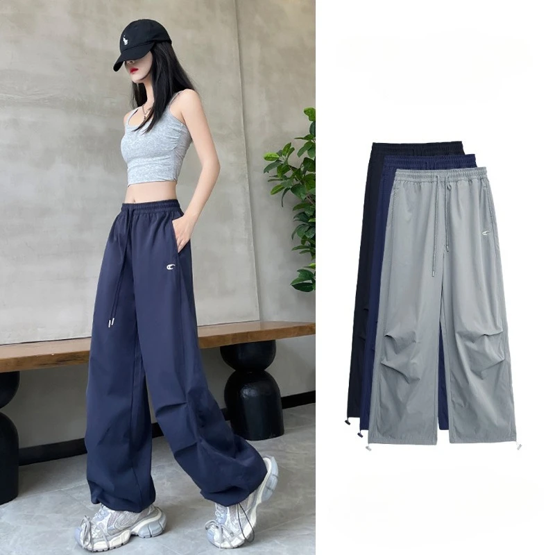 

Spring and Summer Sweatpants Women American Style Retro Small Embroidery Work Clothes Lazy Leisure Quick Drying Wide-leg