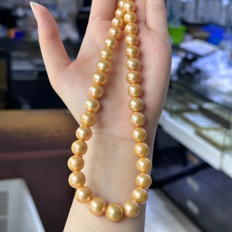 

Natural 17"11-13mm Luxury Gold Pearl Necklace, 925 Sterling Silver, Wedding & Anniversary Gift for Women 555SSS