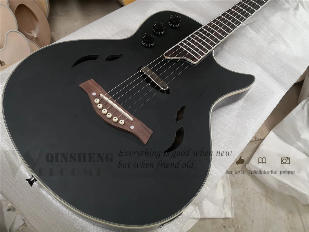 Matte black electric Guitar Semi-hollow Guitar Wood Bridge Rose wood fingerboard mahogany body Chrome hardware factory custom