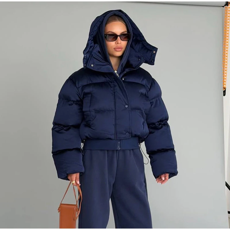  Fashion Solid Cropped Padded Coats Women Detachable Hood Zip Drawstring Hem Warm Jacket 2026 Winter New Lady Casual Outerwear