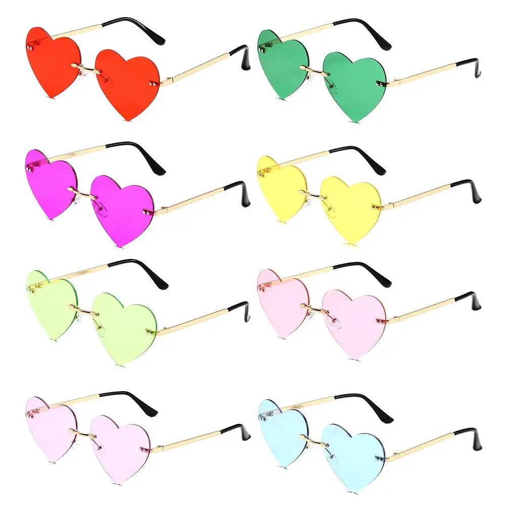 Trendy Cosplay Costume Hippie Costume Rimless Heart Sunglasses Pink Hippie Sunglasses Metal Sun Glasses Heart-Shaped