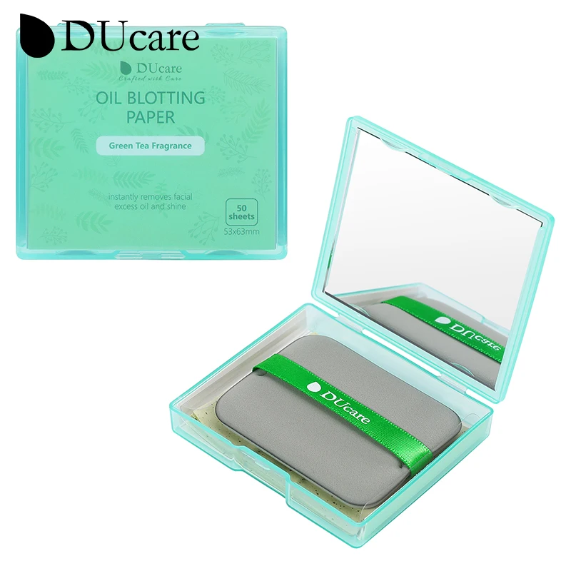 DUcare Oil Blotting Sheets for Face, 100Pcs Green Tea Oil Absorbing Sheets Paper For Oily Skin with Mirror Case & Makeup Puff