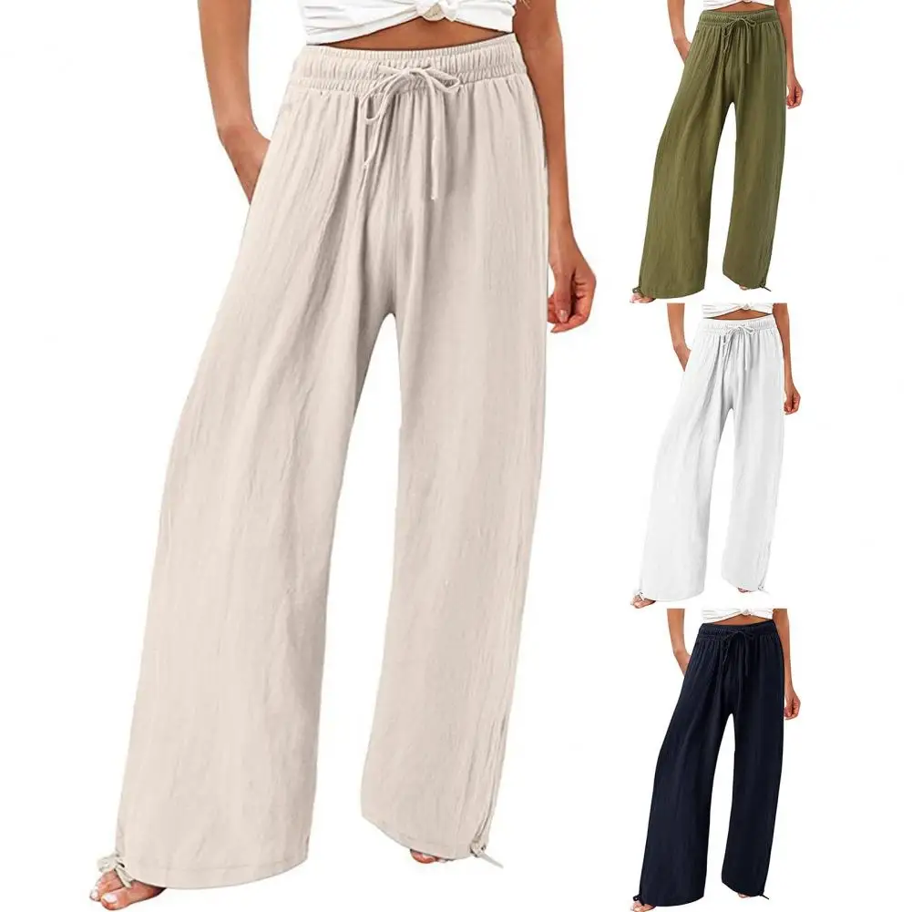 Pantalones holgados informales de algodón para mujer, pantalón de cintura alta con cordón elástico, pierna ancha con bolsillos, primavera y verano