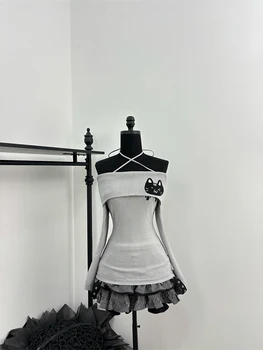 Autunno Donna Carino Core Coreano Anni 2000 Estetica Rave Compleanno Abiti caldi Set da 2 pezzi Maglione a maniche lunghe + Mini gonne con volant