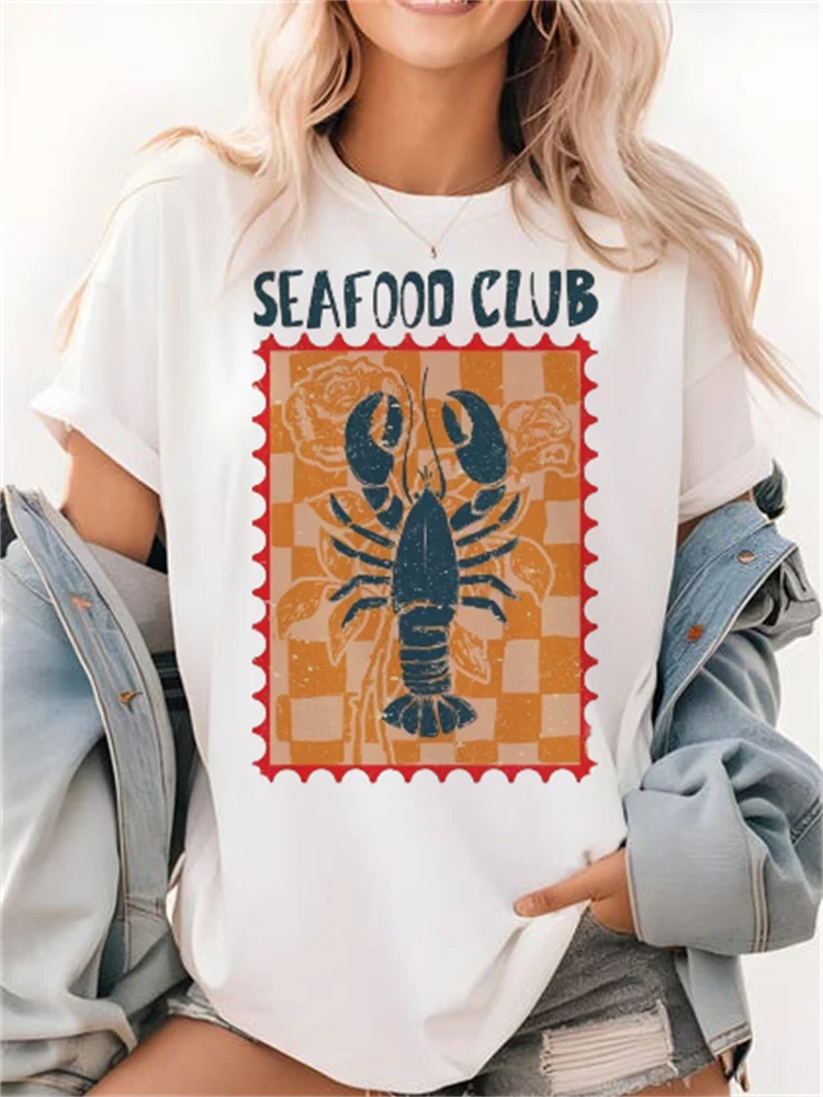 Holiday Travel Fashion T-Shirt Street Printed Lobster Club Cute O-Neck Women's Casual Summer Short Sleeved Top White T-Shirt