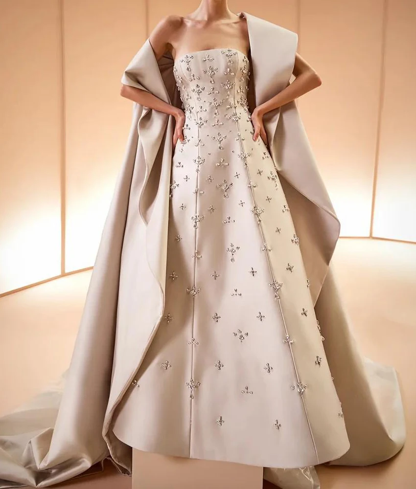 

Customized Exquisite Satin A-Line shawl Crystal Evening Dress High Quality Sleeveless Strapless Floor Length prom dresses