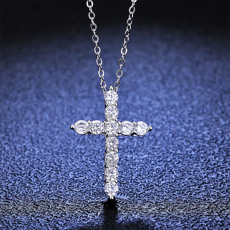 14K Gold Plated Moissanite Cross Pendant Necklace For Women Men 11 pcs D Color VVS1 Moissanite Cross Sterling Silver Jewelry