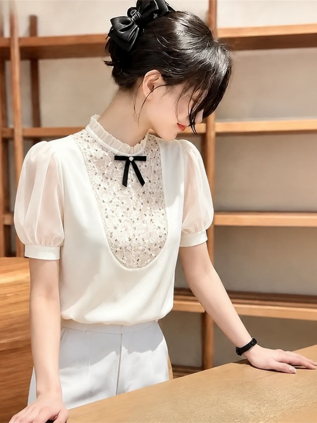 

Summer Knot Short Sleeve Mesh Splice Anti-Aging Fashion Unique Small Fragrance Style Top Korean Straight Cut Daily ...