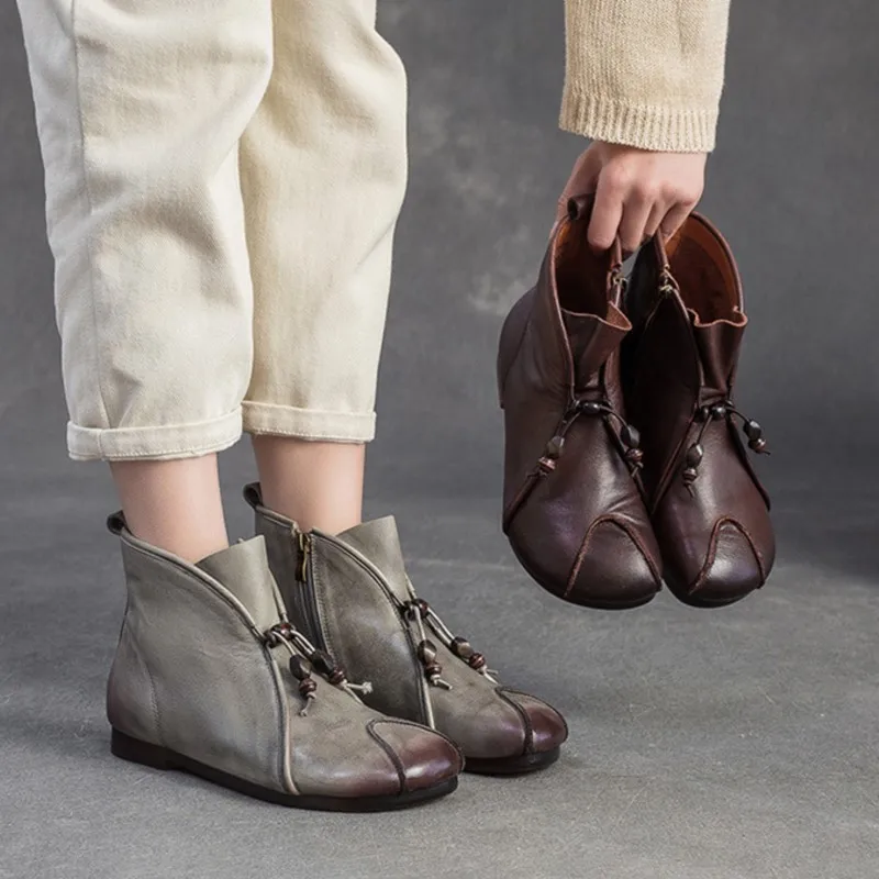 

GKTINOO 2025 Autumn/Winter New Genuine Leather Round Toe Ankle Boots Comfortable Flat Retro Side Zipper Women's Boots