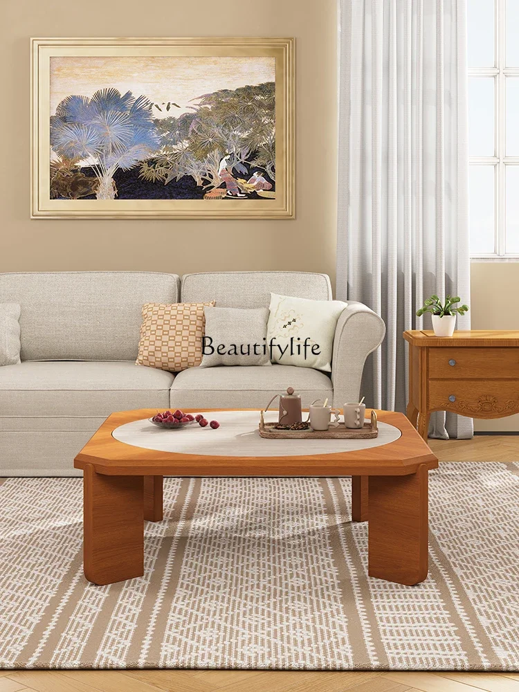 

PFrench retro medieval teak veneer round coffee table modern simple