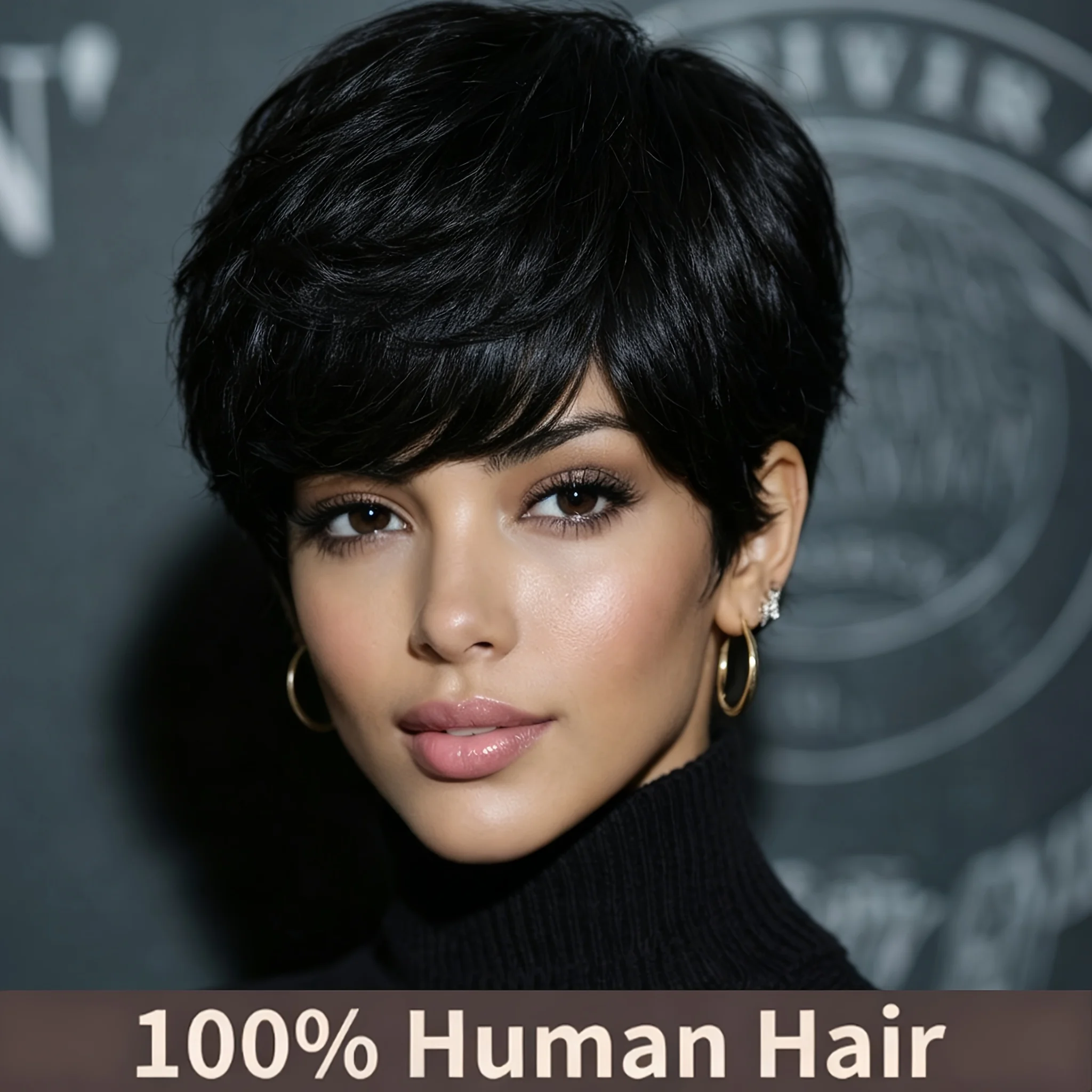 Short Pixie Cuts Wigs With Bangs Layered Straight Pixie Wigs 4Inch 180% Density Full Machine Made Remy Human Hair Wigs Natural Black For Women