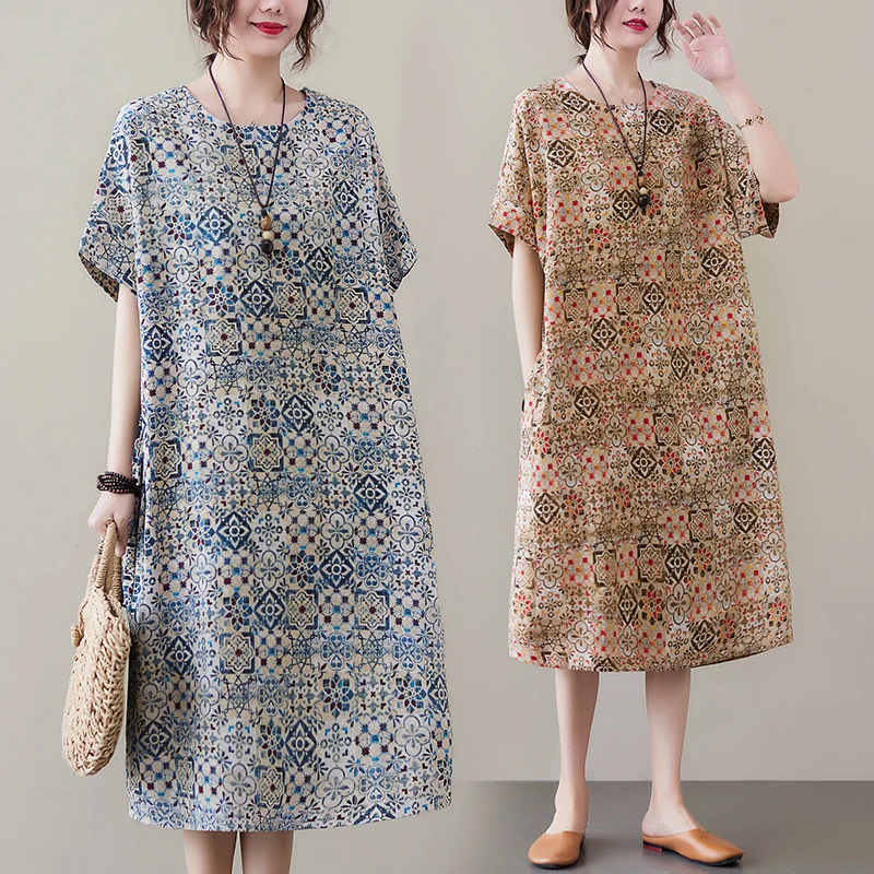 

Новинка лета, большие размеры, хлопково-льняная винтажная художественная миди длиной до колена с цветочным принтом, женская одежда, круглый...