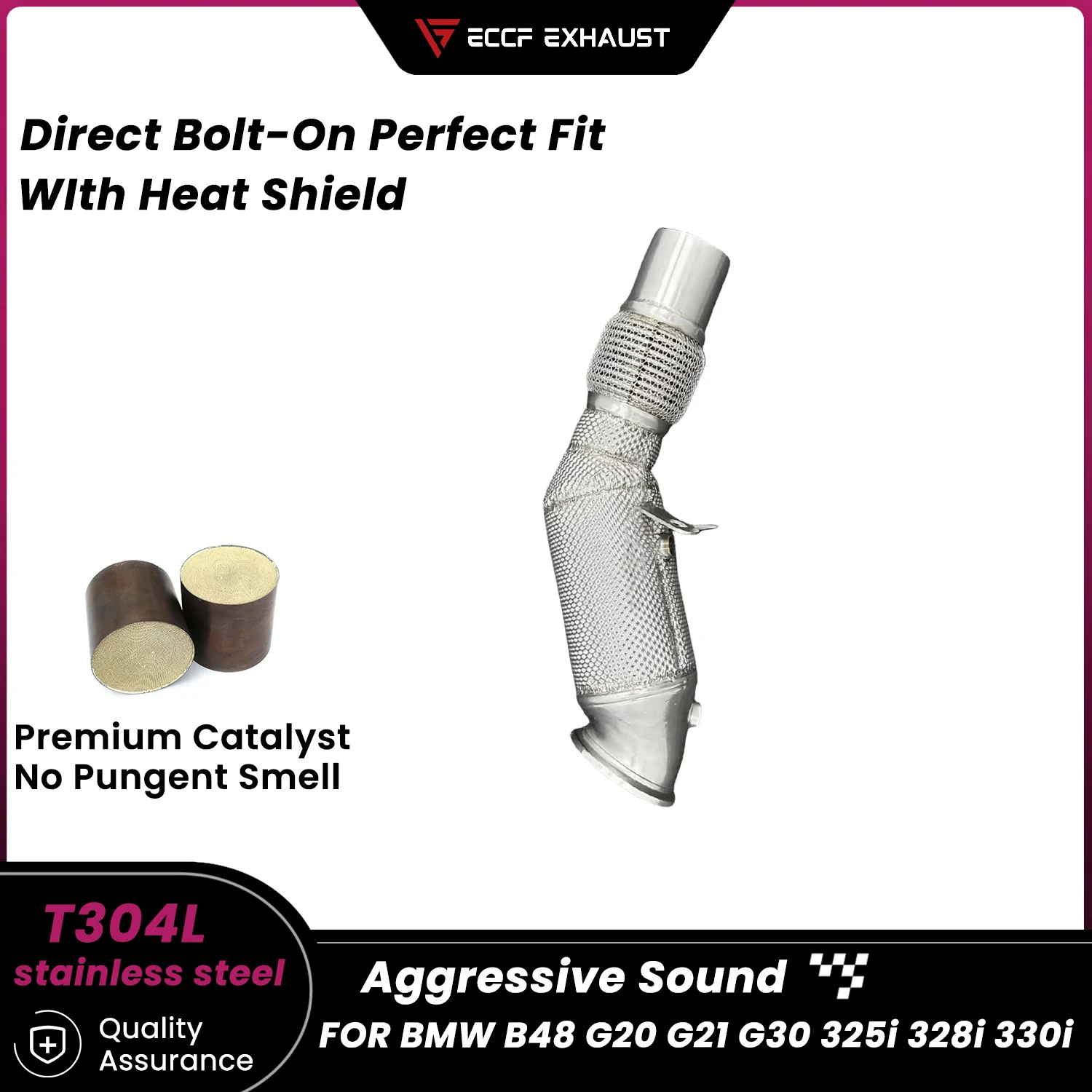 

Sporty Downpipe With Heat Shield For BMW B48 G20 G21 G30 325i 328i 330i Aggressive Exhaust Sound High Flow Easy Installation