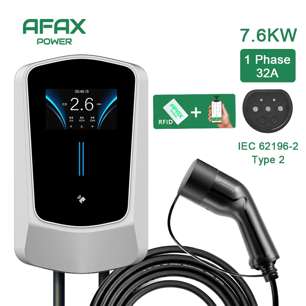 AFAX EV Charging Station 32A Electric Vehicle Car Charger EVSE Wallbox Wallmount 7.6/11/22KW Type2 Cable IEC62196 APP Control