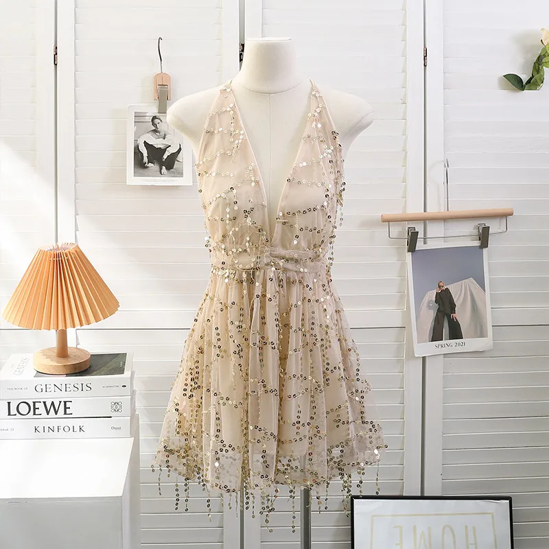 

Women Sexy Dark V-Neck Tassels Sequined Spaghetti Strap Dresses Tie Bow Backless Short Mini Dress Ladies Party Evening Vestidos