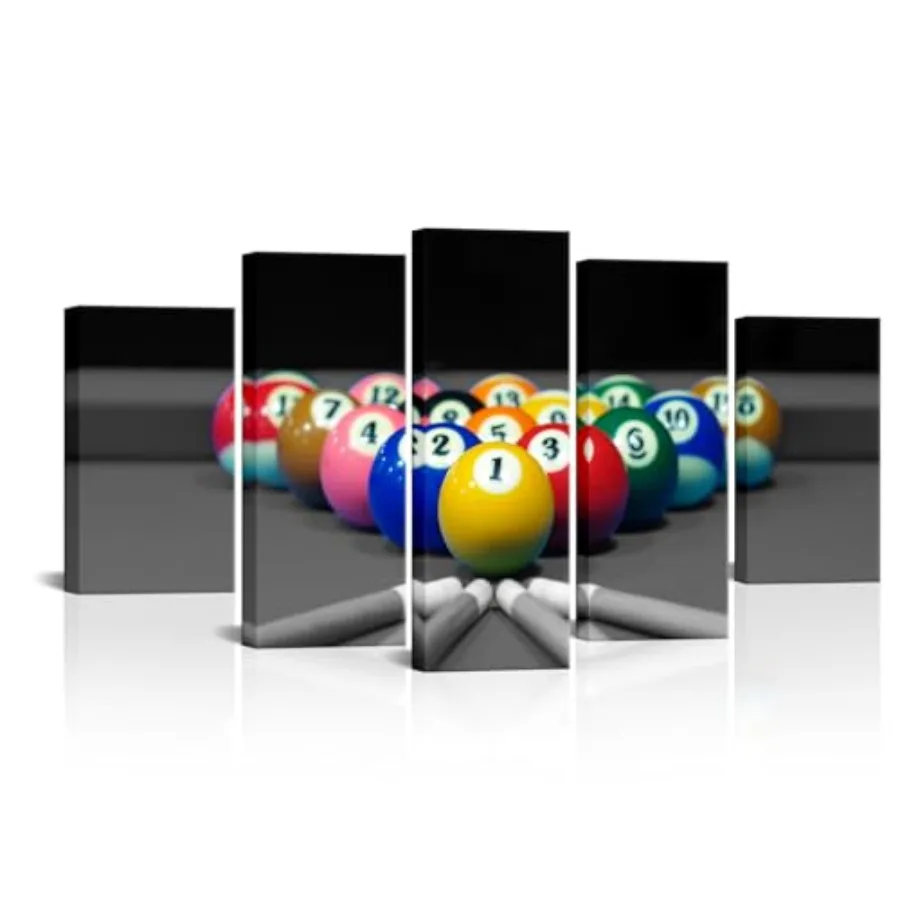 

Настенный холст из 5 частей: картина для бильярдной комнаты, черно-белые фото бильярдных шаров, современный крупноформатный декор