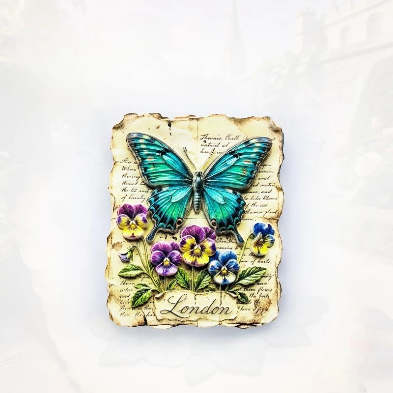 London Vintage Butterfly Fridge Magnet - Nostalgic 3D Floral Souvenir Unique British Gift for Travel & Cottage Core Decor