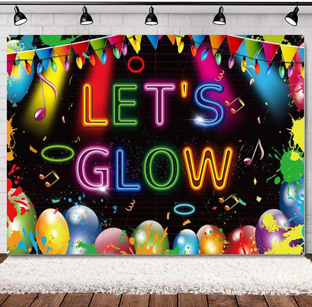 

Photography Backdrop Decoration Banner With Balloons Ribbons Notes Let’s Glow Background for Birthday Music Studio Prom Party