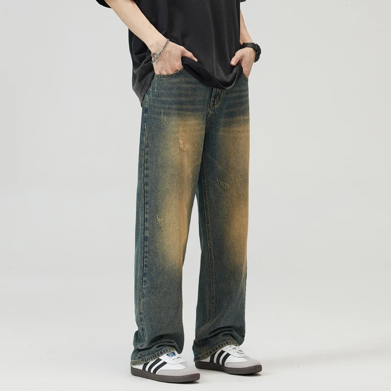 2024New Style Spring and Summer American Retro Nostalgic Water Washed Hole Jeans Men's Straight Personality All-Matchingcleanfit