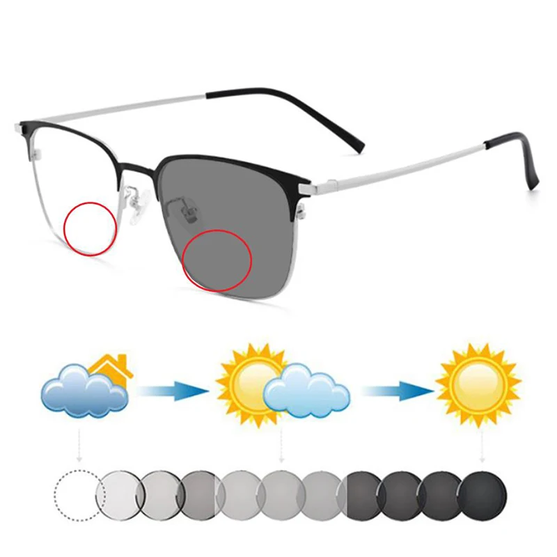 

New Fashion Men Business Ultralight Titanium Browline Photochromic Bifocals Reading Sunglasses Male Hyperopia Shades Sunnies