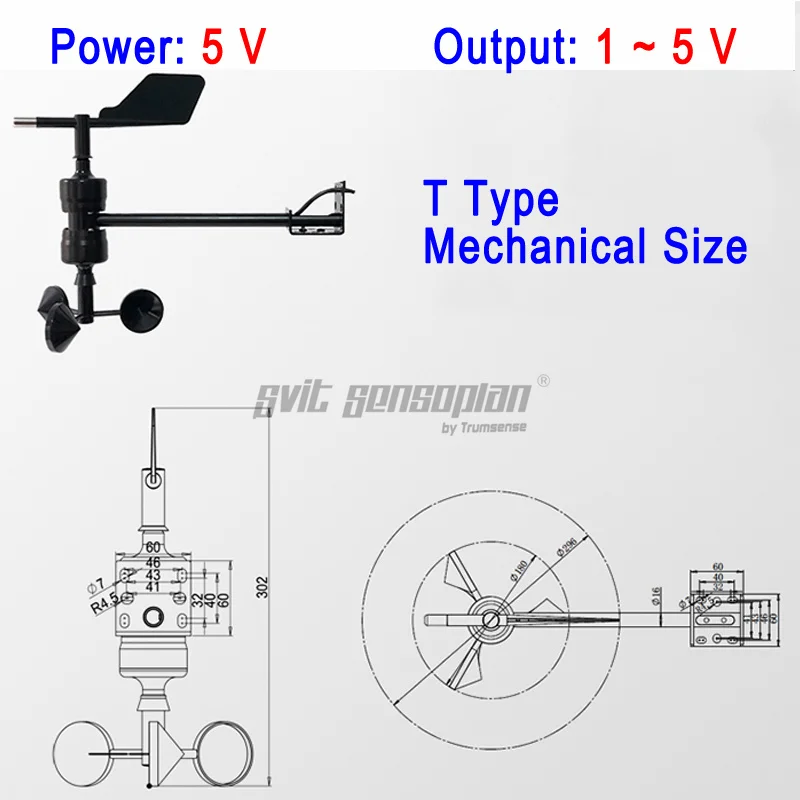 Trumsense STTWSWDI515T Integrated Wind Speed and Direction Sensor DC 5V Power Supply 1 to 5V Output for Meteorolog Oceans