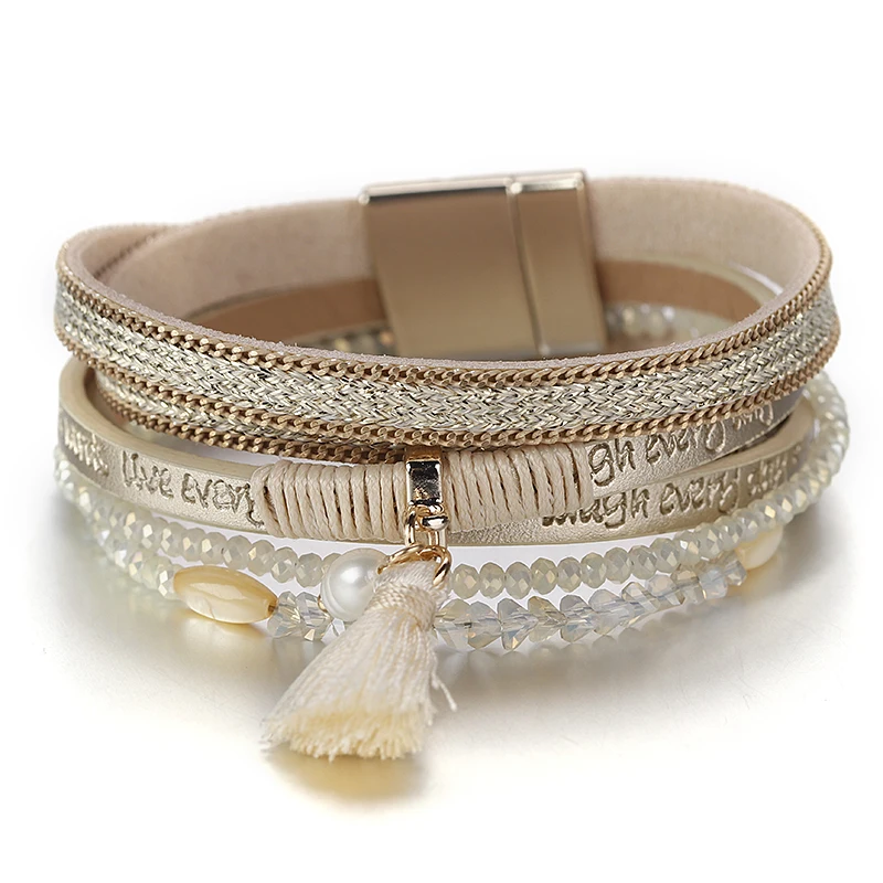 สร้อยข้อมือหนังผ้าพันคอชายหาดสไตล์โบฮีเมียนสำหรับผู้หญิงสร้อยข้อมือลูกปัดลูกปัดคริสตัลหลายชั้นแบบวินเทจเครื่องประดับสุดมีเสน่ห์