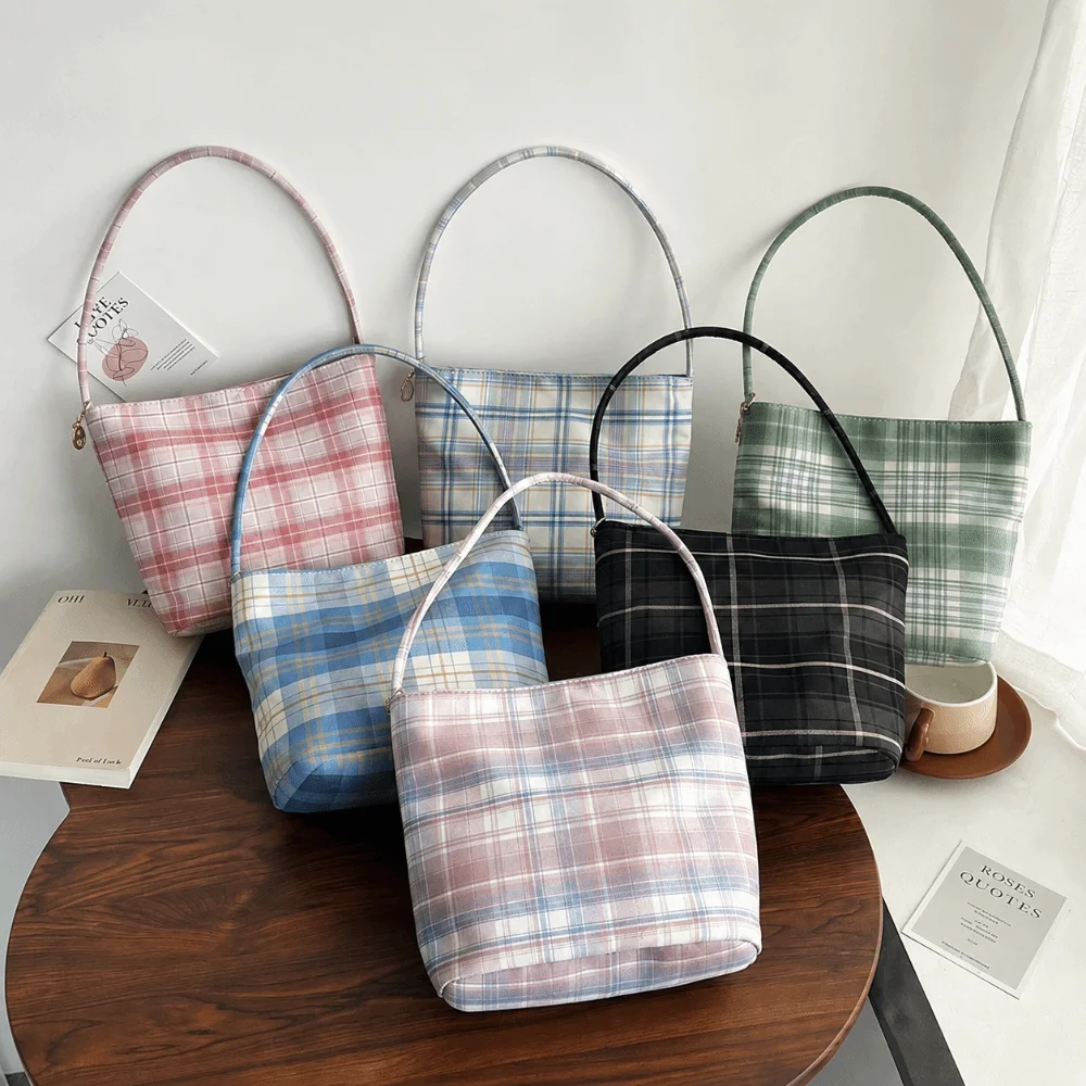 Vintage Plaid Pattern Shoulder Bag Large Capacity Top Handle Storage Handbag Nylon Bucket Tote Bag Women