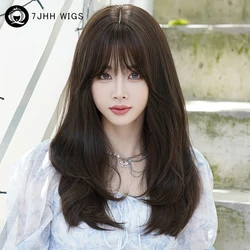 7JHH WIGS Costume Wig Synthetic Straight Dark Brown Wigs with Curtain Bangs High Density Layered Wig for Women Beginner Friendly