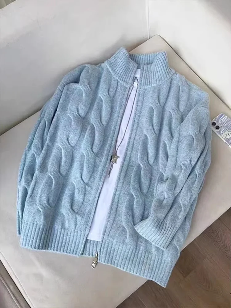 

Мужской вязаный кардиган темно-синего цвета с воротником-стойкой, длинными рукавами, в американском стиле, с узором под лен, премиум-класса, свитер-пальто