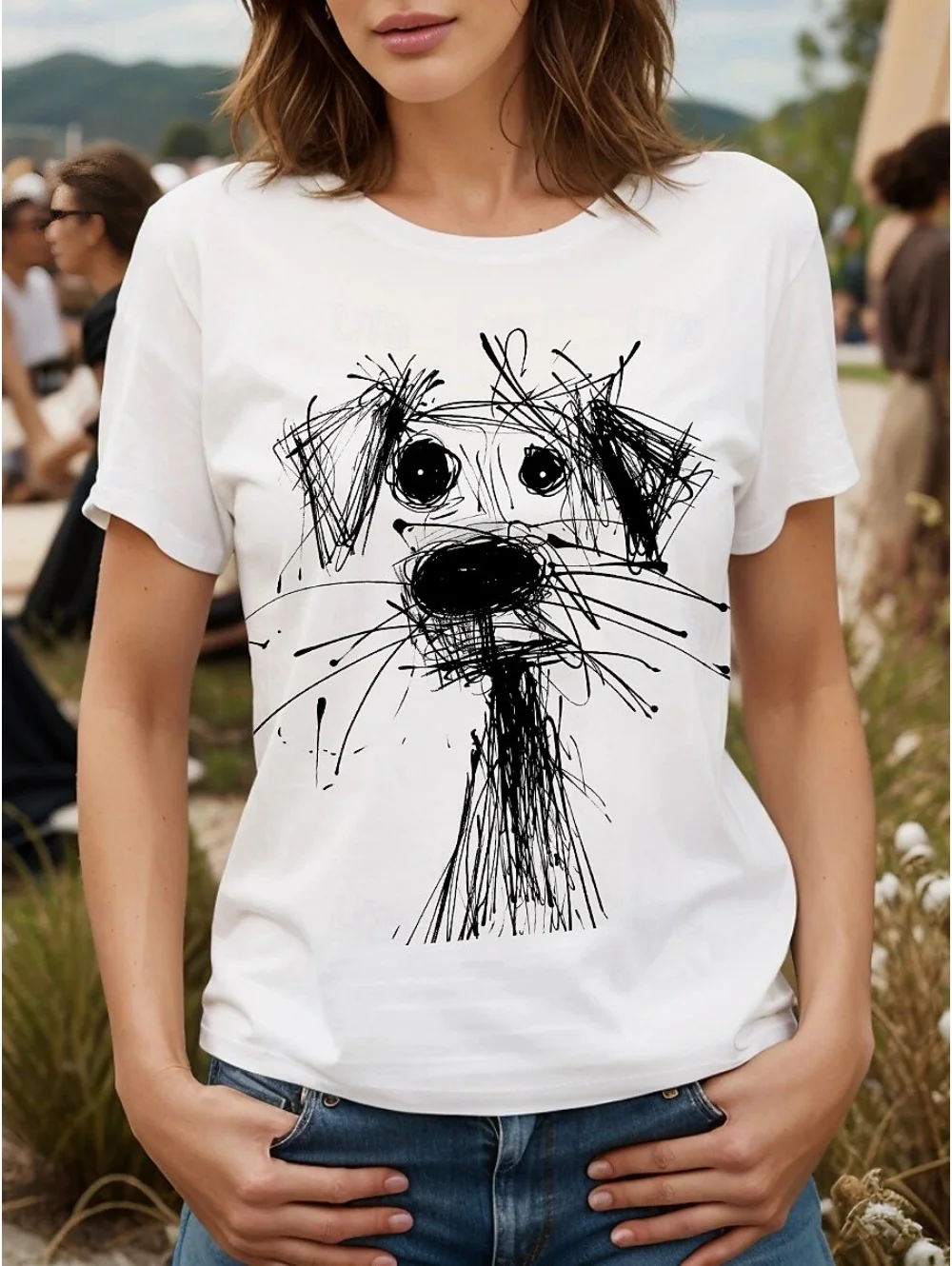Women's T-Shirt Scribbled Puppy Pattern Tee Retro Fashion Classic Short Sleeve Tops O-Neck Summer Outdoor Casual Ladies Clothing