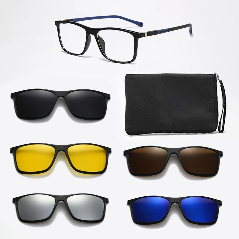 KAMMPT New Polarized Square Sunglasses Men 6 in 1 Sets Magnet Clip on Shades Women Fashion Driving Night Vision Sun Glasses
