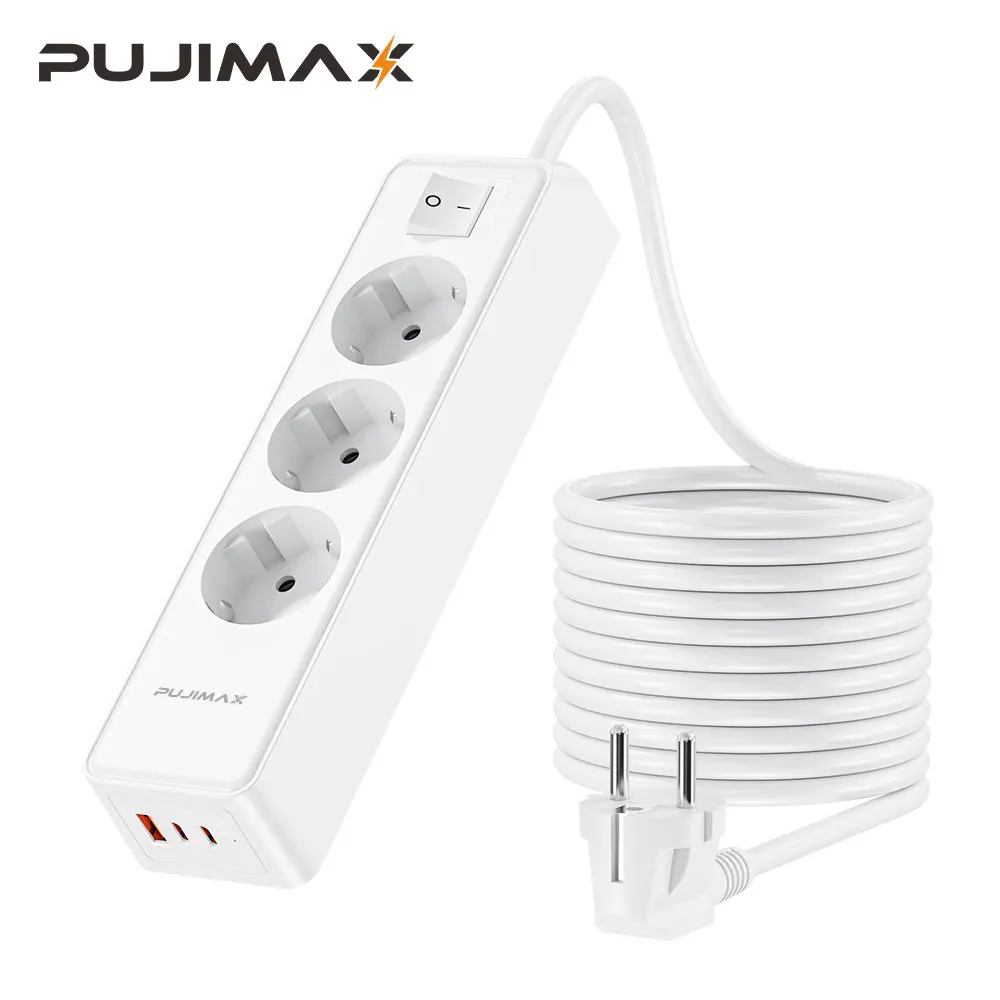 

PUJIMAX EU Plug AC Outlets Tabletop Power Strip Socket with USB Type-C Charge Port 1.5m Extension Cord 3 Outlets For Home Office