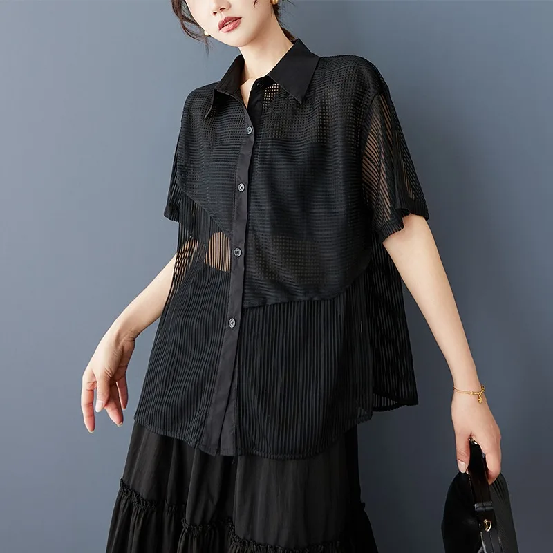 Design de nicho pequeno, moda irregular, camisa de estilo ocidental, textura solta, top versátil casual xadrez