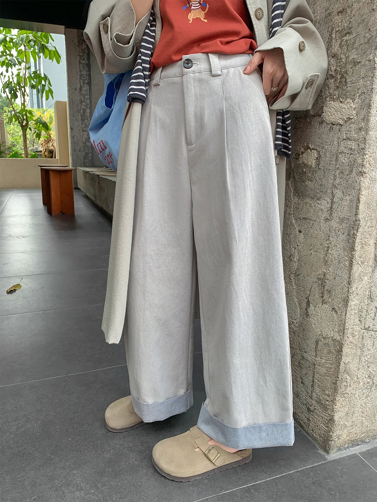 

Sisilyon Spring Summer ential High Waist Straight Leg Casual Pants Women's ature Color Blo Cuffed Wide Leg Jeans