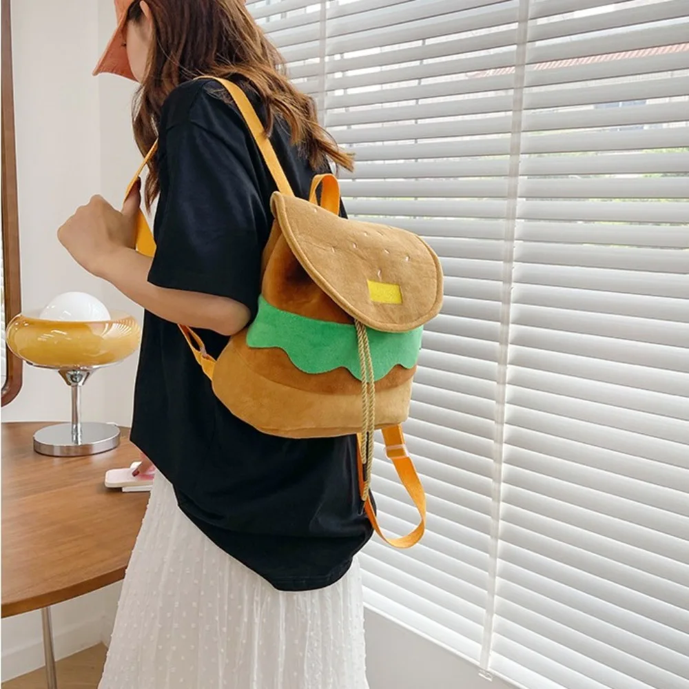 Large Capacity Plush Backpacks Lovely Cartoon Hamburger Backpack Drawstring School Bag Travel Backpack for Students