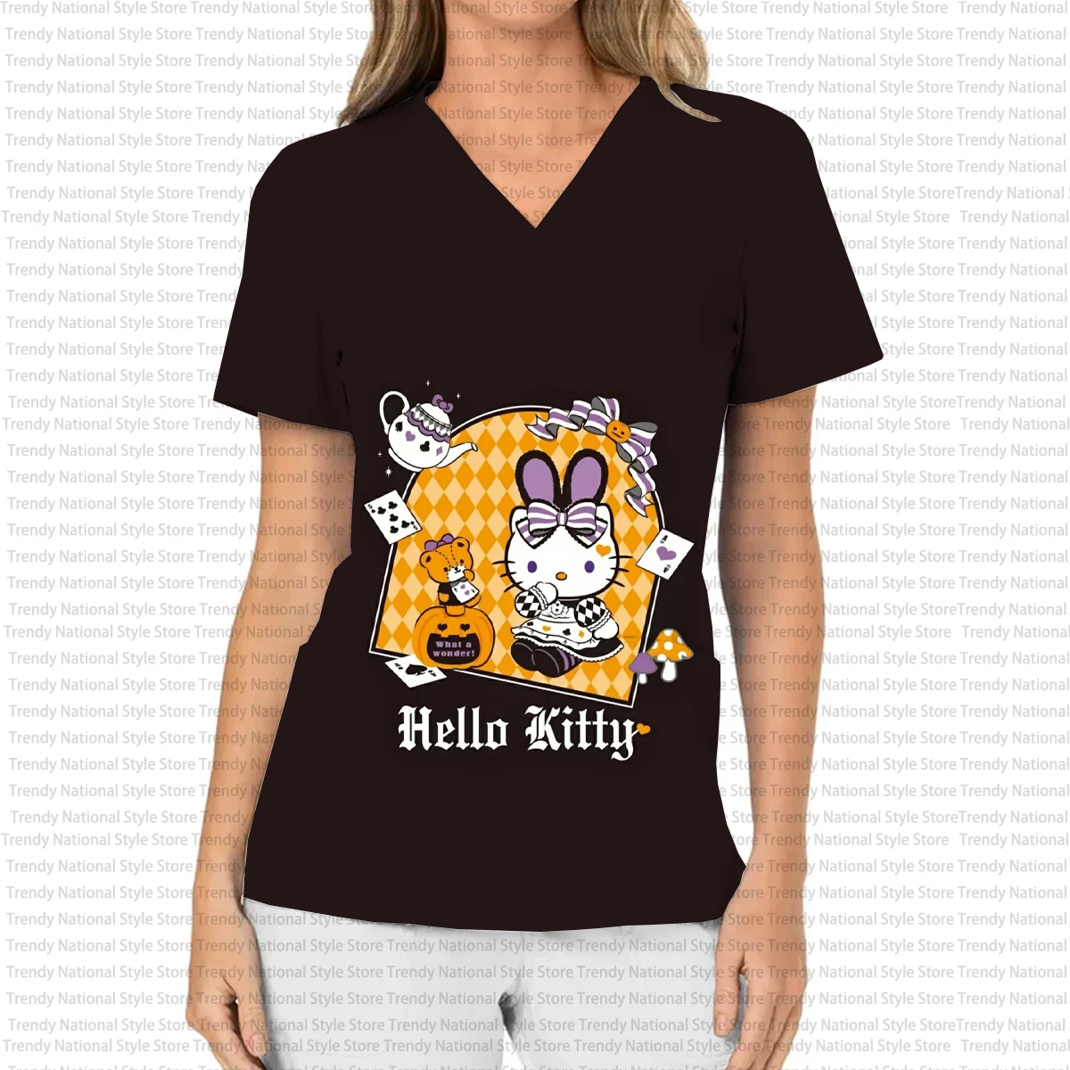 Damen-Halloween-T-Shirt mit Hello Kitty-Aufdruck, Damen-Arbeitsuniform, Damen-T-Shirt mit V-Ausschnitt und Taschen-Peeling-Top, medizinisches Zahnpflege-T-Shirt