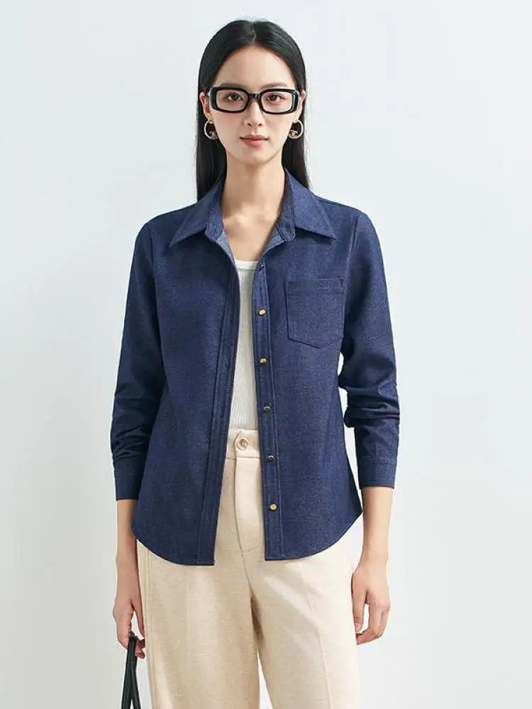 

Korean Style Vintage Autumn Blue Denim Elegant Slim Holiday Blouse Shirt Women Long Sleeve Single Breasted Versatile Tops Casual