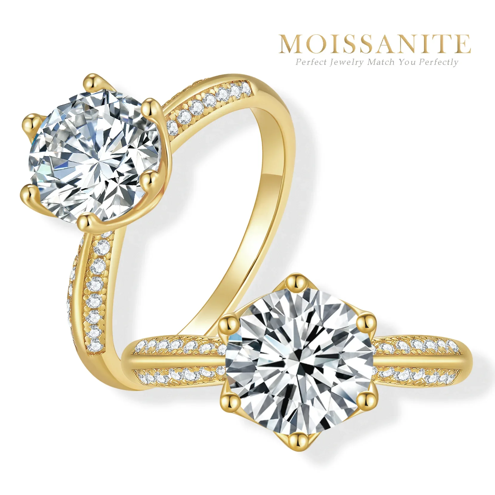 

1ct, 2ct, 3ct, 5ct D Color Moissanite Solitaire Engagement Rings for Women, Crafted in 925 Sterling Silver, Gold-Plated.