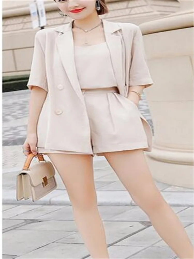 3 Stuks Elegante Driedelige Set Vrouwen Korte Mouw Jas Dunne Hemdje Shorts Sets Dames Effen Koreaanse Mode Zomer Inkepingen