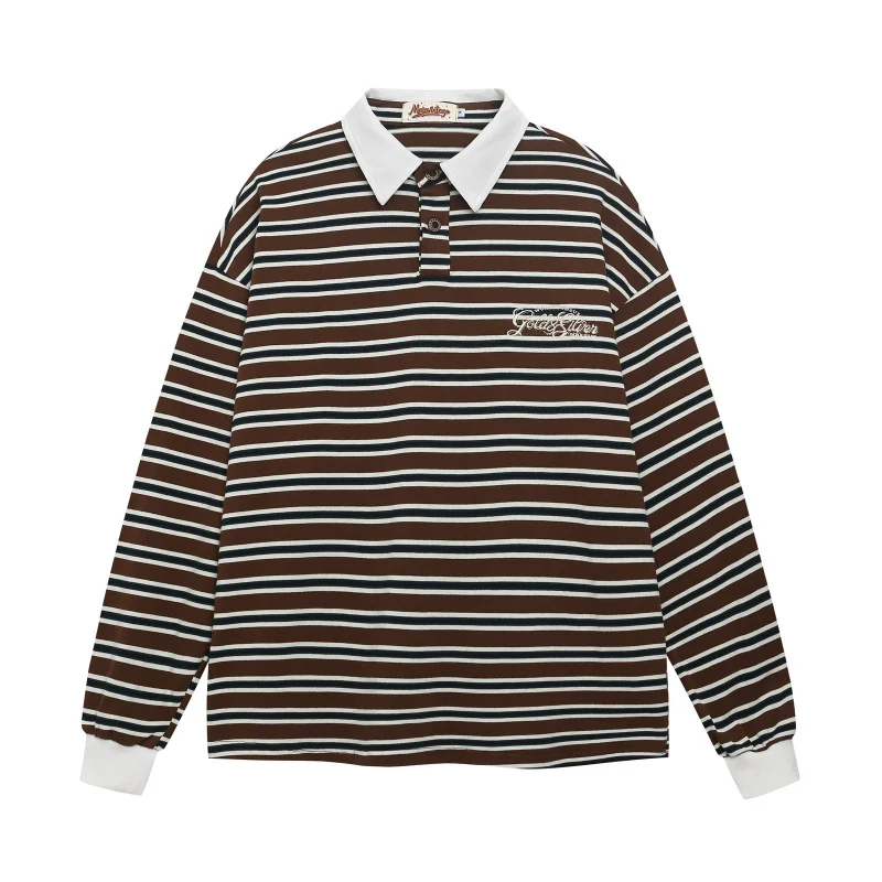 MAQVOB Top Quality EU US Size Retro Striped Letter Embroidery Long Sleeve Polo Shirt Autumn Loose Versatile Tshirt for Men Women